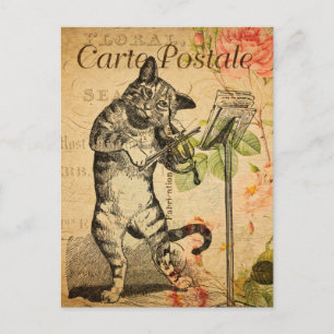 Carte Postale Vintage Cute Chat Jouer Violon Fiddle Français