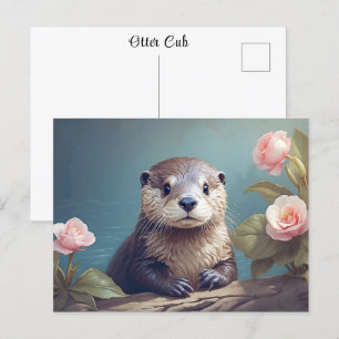 Carte Postale Vintage Cute Otter Cub Rose Portrait Art intempore