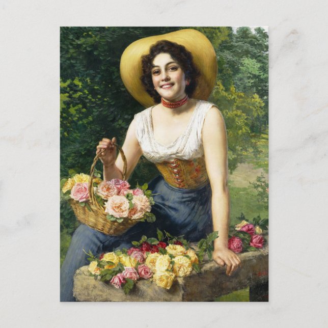 Carte Postale Vintage Dame Avec Panier De Roses (Devant)
