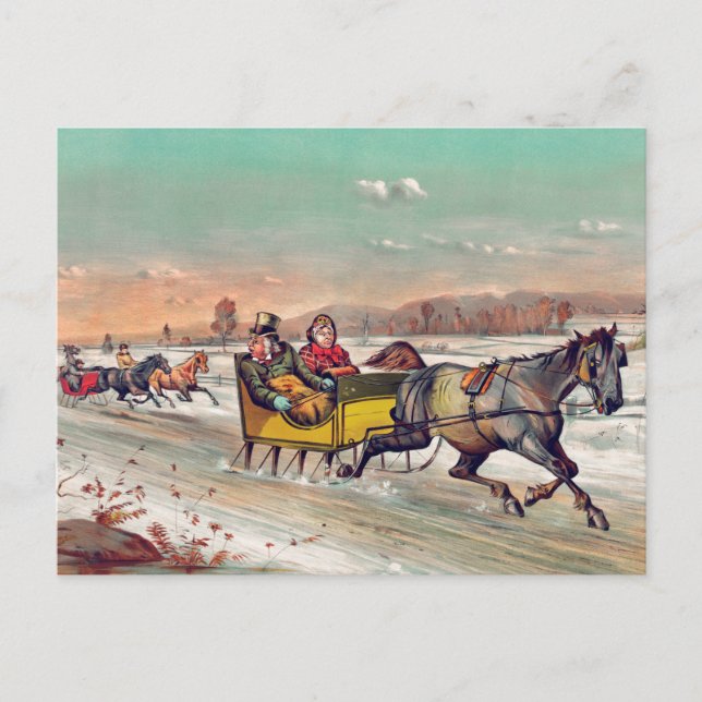 Carte postale vintage de Noël d'hiver en traîneau (Devant)