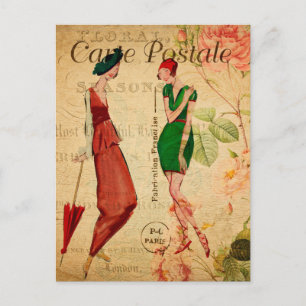 Carte Postale Vintage Deux femmes parlent et plaisantent Floral 