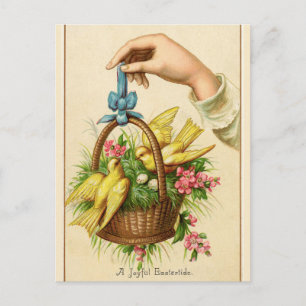 Carte Postale Vintage deux oiseaux jaunes dans un panier de Pâqu