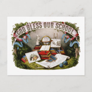 Carte Postale Vintage Dieu bénisse notre école Illustration 1874