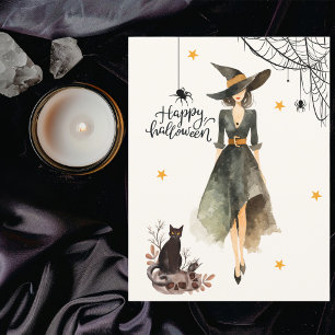 Carte Postale Vintage Élégant Chat sorcier Araignées Gothique Ha