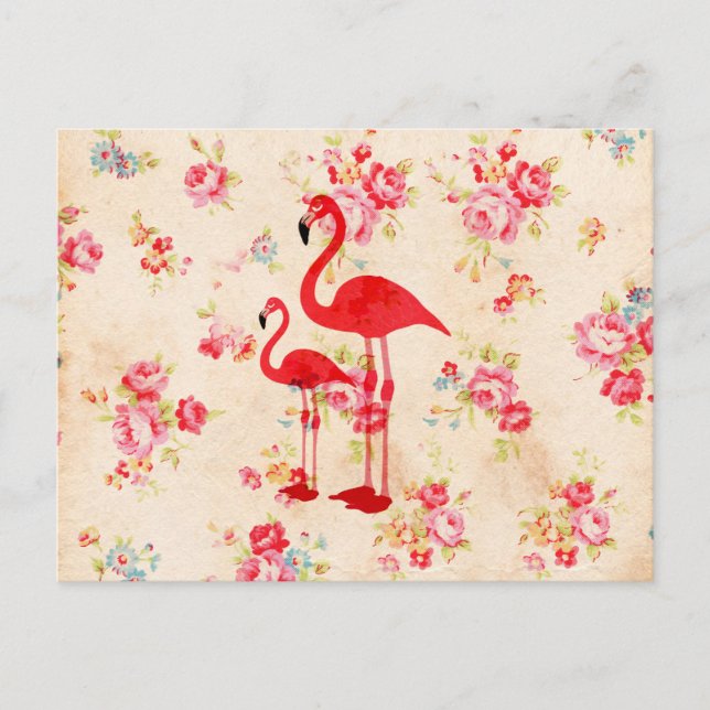 Carte Postale Vintage élégant flamants roses rouges fleurs (Devant)