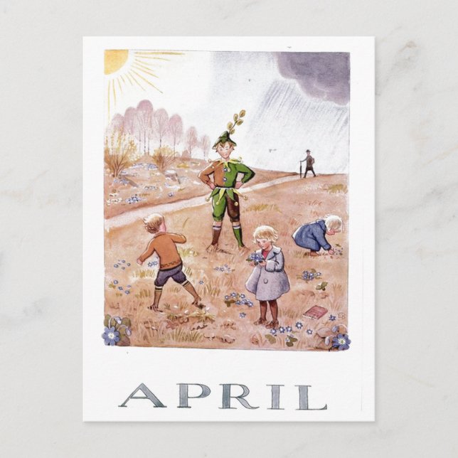 Carte Postale vintage Elsa Beskow April (Devant)
