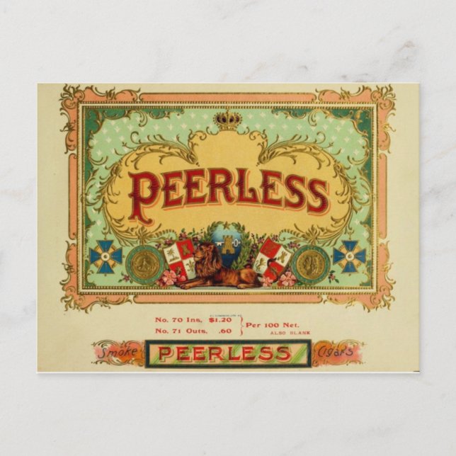 Carte postale vintage Étiquette Cigar - "Peerless" (Devant)