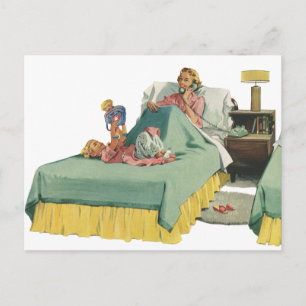 Carte Postale Vintage Family Serving Mom Petit déjeuner en Bed