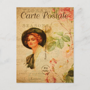 Carte Postale Vintage Femme-Dame-Rose Floral Français