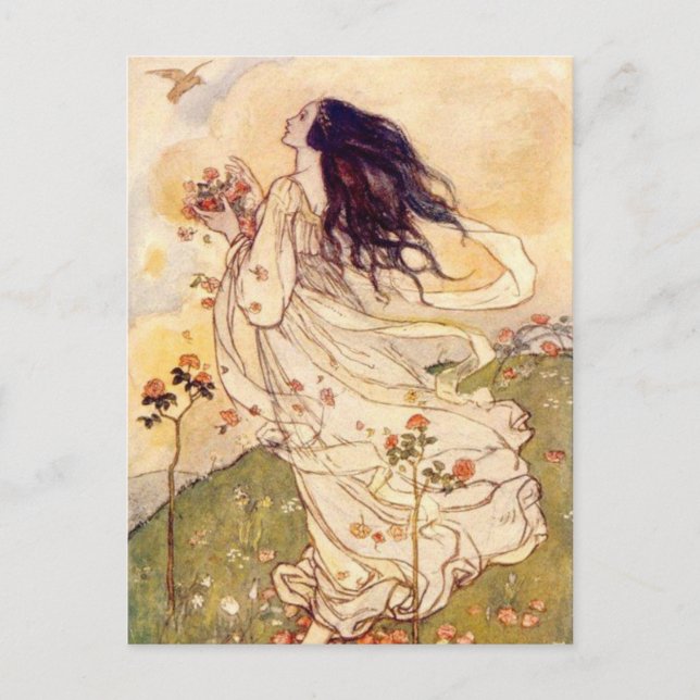 Carte Postale Vintage - Femme et un Oiseau, (Devant)