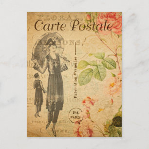 Carte Postale Vintage femme mode avec parapluie Français