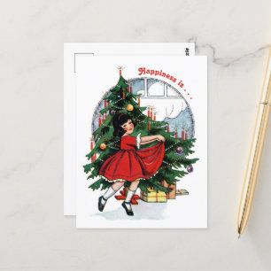 Carte Postale Vintage fille dansant autour de l'arbre de Noël