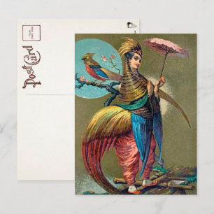 Carte postale vintage fille perroquet 