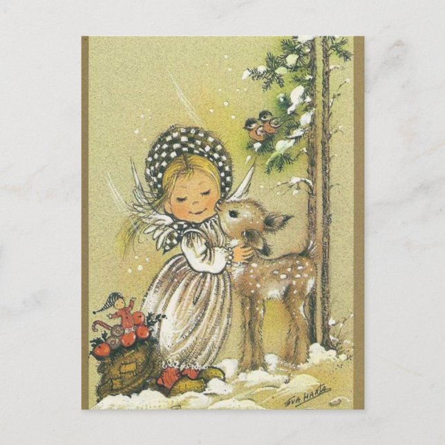 Carte Postale Vintage fille qui embrasse bébé cerf (Devant)