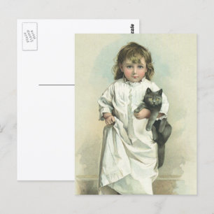 Carte Postale Vintage fille victorienne en robe de nuit avec son