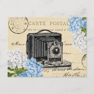 Carte postale vintage Fleur Bleu Caméra