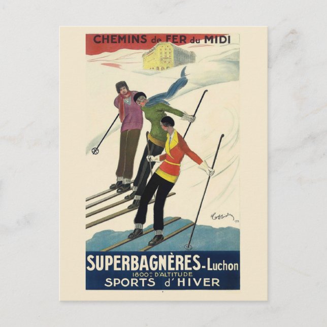 Carte Postale Vintage France Ski Alpes Voyage en train (Devant)