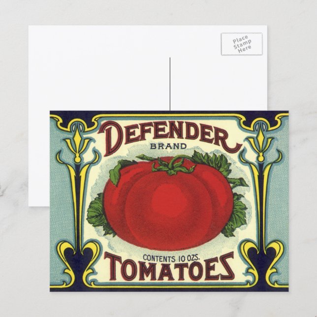 Carte Postale Vintage Fruit Crate Étiquette Art, Defender Tomate (Devant / Derrière)