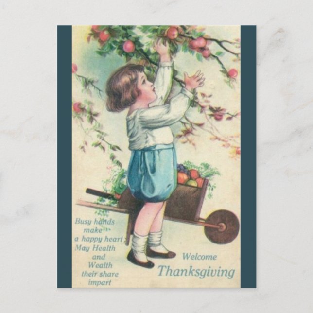 Carte Postale Vintage Garçon cueillir des pommes Thanksgiving (Devant)