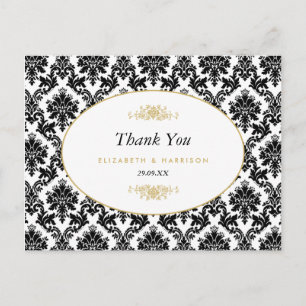 Carte Postale Vintage Gold Black & White Mariage damassé Merci