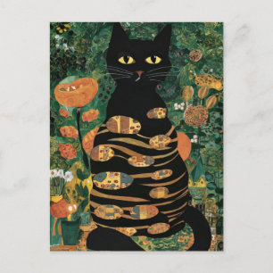Carte Postale Vintage Gustav Klimt Chat noir dans un jardin fleu