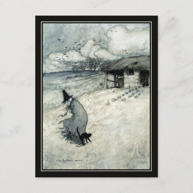 Carte Postale Vintage Halloween Arthur Rackham Witch + Chat Noir (Devant)