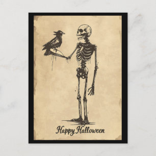Carte Postale Vintage Halloween Éffrayant Squelette noir Oiseau 