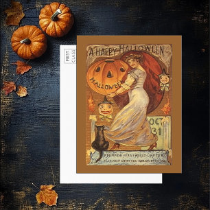 Carte Postale Vintage Halloween Femme Citrouille Chat noir