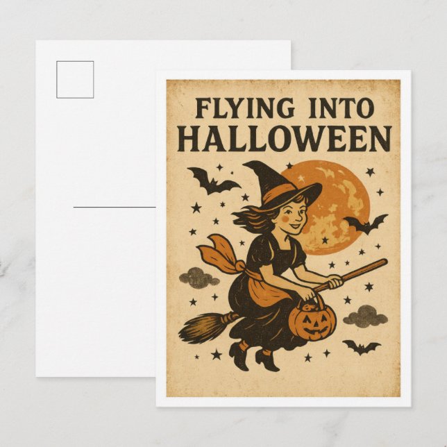 Carte Postale Vintage Halloween Flying (Devant / Derrière)
