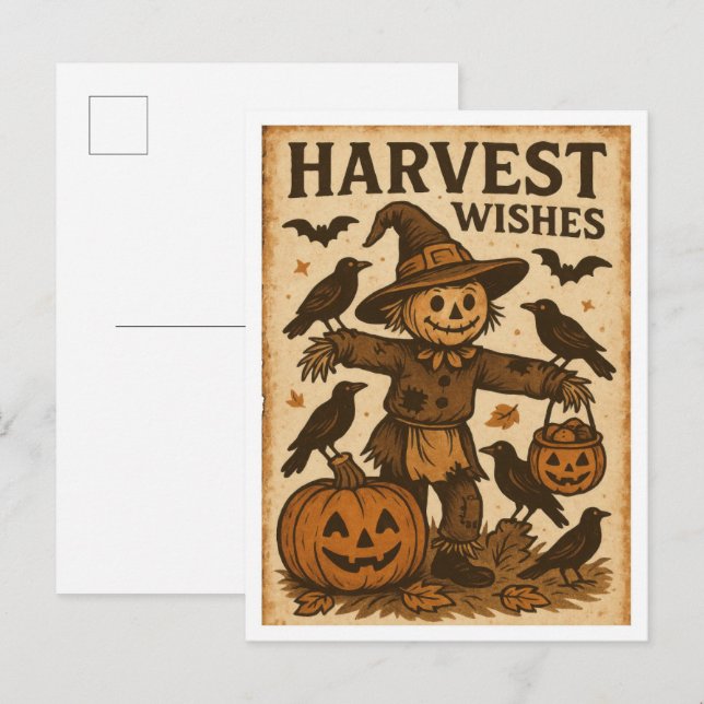 Carte Postale Vintage Halloween Harvest Wishes (Devant / Derrière)