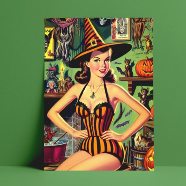 Carte Postale Vintage Halloween mignonne sorcière Pinup (Créateur téléchargé)