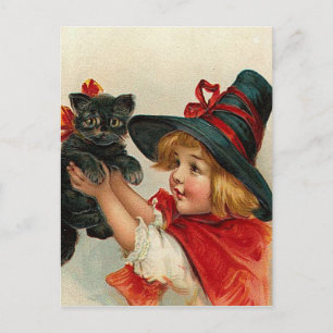 Carte Postale Vintage Halloween petite sorcière tenant un chat n