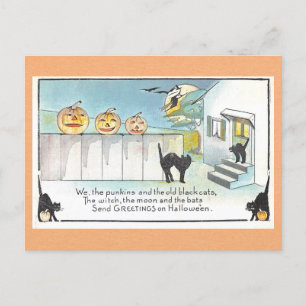 Carte Postale Vintage Halloween Salutations Chat Noir Poème sorc