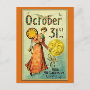 Carte Postale Vintage Halloween Salutations Femme victorienne