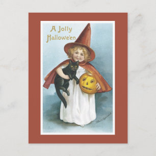 Carte postale vintage Halloween sorcière chat noir