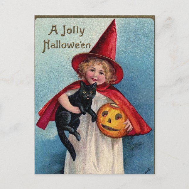 Carte postale vintage Halloween sorcière citrouill (Devant)
