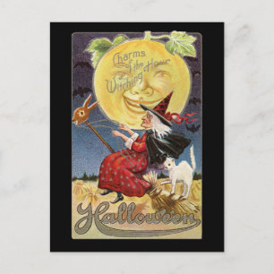 Carte postale vintage Halloween sorcière lune