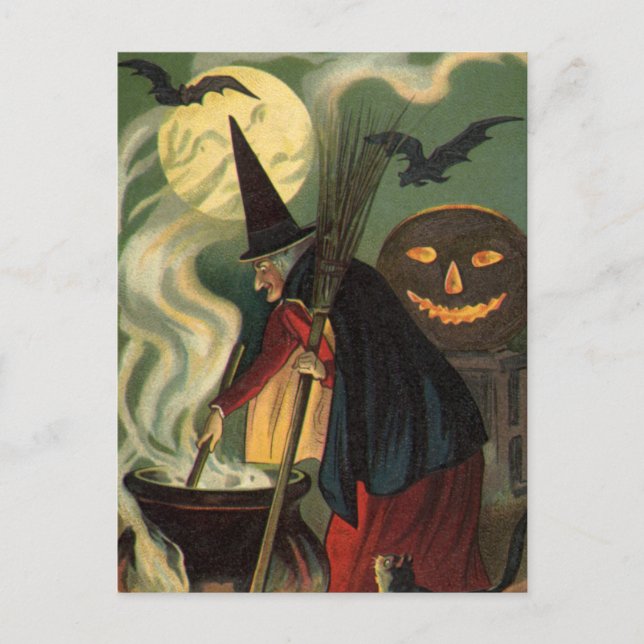 Carte Postale Vintage Halloween sorcière Stirring Magique Cauldr (Devant)