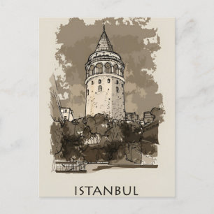 Carte Postale Vintage istanbul Tower Turquie Aquarelle de voyage