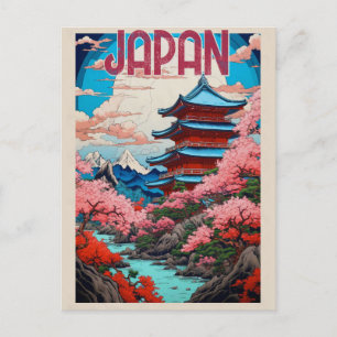 Carte Postale Vintage Japon Pagode Fleurs de cerisiers Voyage