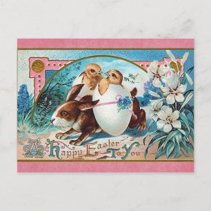 Carte Postale Vintage Joyeux Easter mignon lapin Poussins oeuf