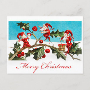 Carte Postale Vintage Joyeux elfes de Noël Red Holly