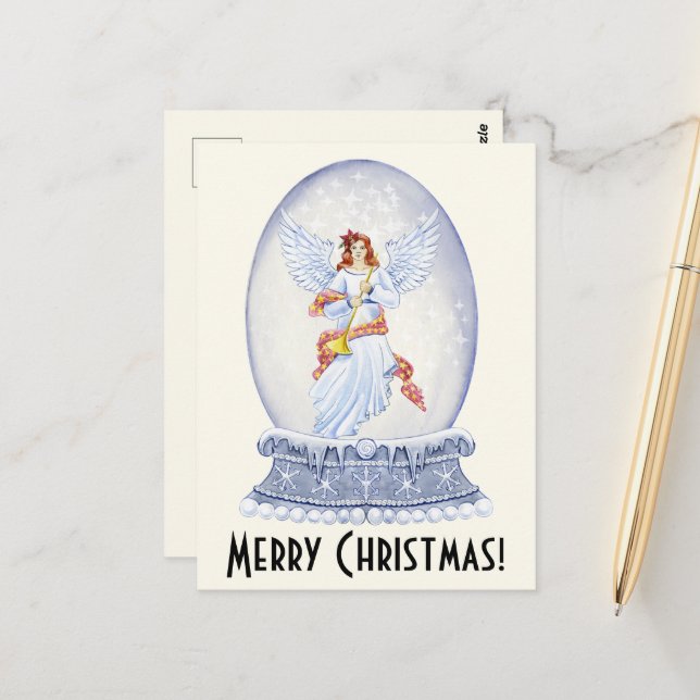 Carte Postale Vintage Joyeux Noël Angle Sparkling Snowglobe (Devant/Arrière en situation)