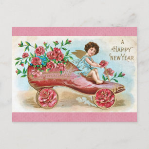 Carte Postale Vintage Joyeux Nouvel An Victorien Angel Floral