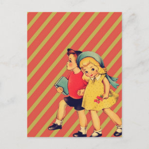 Carte Postale vintage kitsch retour à l'école des enfants rétro
