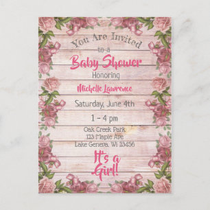 Carte Postale Vintage Magenta Roses Baby shower en bois désorgan