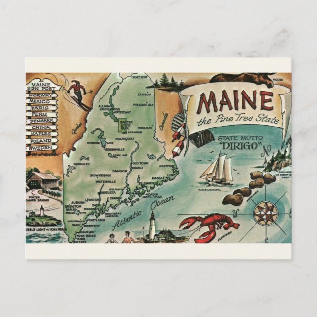 Carte postale vintage Maine Map (Devant)