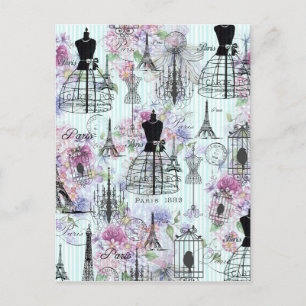 Carte Postale Vintage mannequin de la Tour Eiffel collage floral