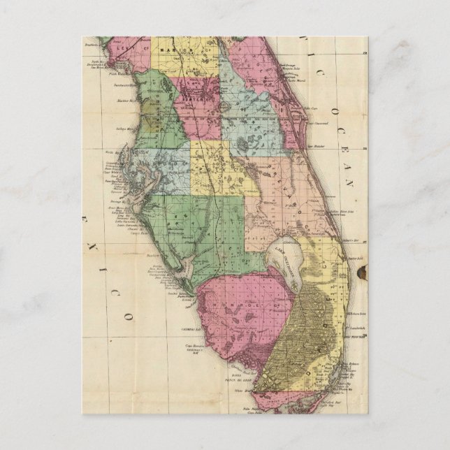 Carte Postale Vintage Map of Florida (1870) (Devant)