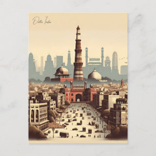 Carte Postale Vintage New Delhi, Inde Voyage aquarelle rétro